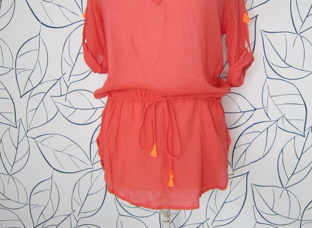 Eberjey Tunic Top Cover Up Roll Tab Sleeves Drawstring Waist Size S/M Salmon - Picture 3 of 8